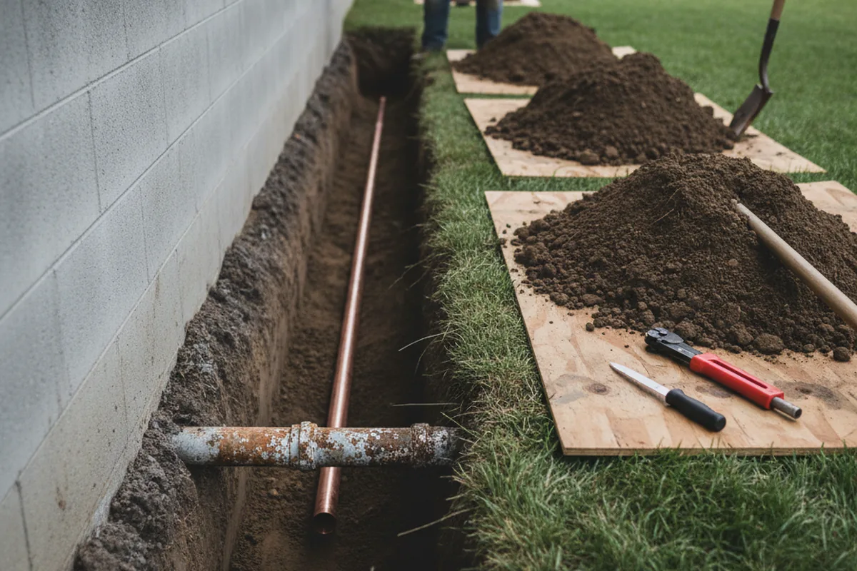 Excavated water line trench during Water Softener Installation in Garden City